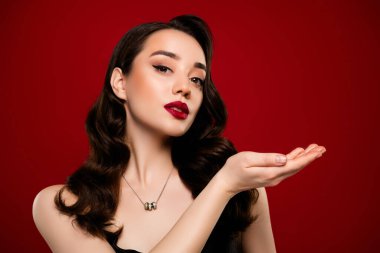 Classy fancy attractive lady presenting jewelry store collection empty space isolated on red color background.