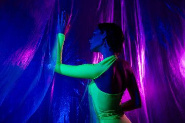 Muhteşem bir kadının plastik perdeye dokunuşunun fotoğrafı. Yumuşak tutku, izole edilmiş renkli arka plan..