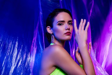 Şık, güzel bir kadının plastik perdeye dokunuşunun fotoğrafı. Şık, izole stüdyo menekşesi arka plan..