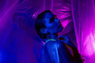 Neon stüdyosunun şeffaf perde arkasında izole poz veren oldukça barışçıl şık model kızın fotoğrafı..
