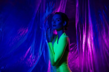 Muhteşem bayanın fotoğrafı. Plastik perdeye dokunun. İzole edilmiş renkli görünün..