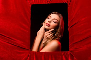 Çekici kadının portresi mükemmel fikir dokunuşu kırmızı kadife arka planda izole edilmiş cilt.