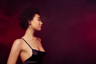 Şık bayan modelinin fotoğrafı. Kıymetli elmas küpeler takın. Koyu kırmızı arka planda izole edilmiş boş alan..