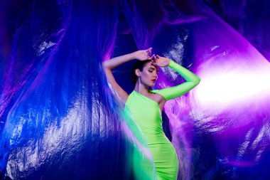 Çekici bir poz veren muhteşem bir kadının fotoğrafı. Kendini izole edilmiş, canlı bir arka plan..