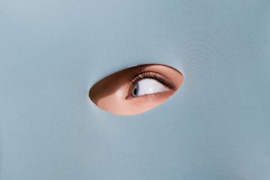 Gri kumaş arka planında izole edilmiş güzel bir kadının göz ucuyla güzellik alışverişi yaparken çekilmiş fotoğrafı..