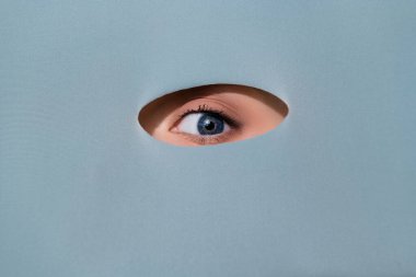Mavi gri kumaş arka planında izole edilmiş bir delikten bakan kadın gözünün yakın fotoğrafını çek..