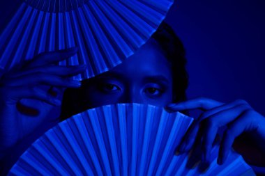 Japon kağıt hayranlarının arkasına saklanan parlak utangaç kadının fotoğrafı. Koyu mavi arka plan..