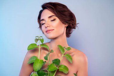 Gri arka planda izole edilmiş güzel, hayalperest, çıplak omuzlu yeşil bitki otunun fotoğrafı..