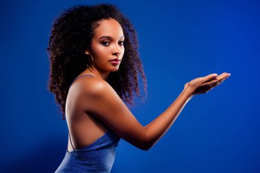 Göz kamaştırıcı genç bir model, parlak mavi arka planda parıldayan bir elbise içinde zarafet ve cazibe sergiliyor. Duruşu stil ve entelektüellik taşıyor. Çekici ve çekici bir çekiciliği var..