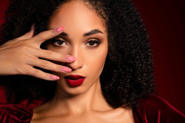 Çekici, çekici bir kadın yüzü. Kırmızı bordo renginde parlak bir makyajı var..