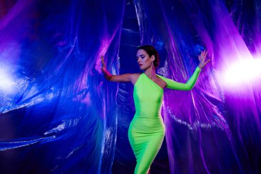 Çekici bir bayanın fotoğrafı çekici, çekici, dokunaklı plastik perde izole, renkli stüdyo arkaplanı..