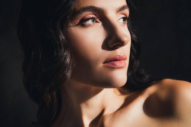 Şık ve güzel bir bayanın fotoğrafı. Profil profiline bak. Koyu renk arka planda..