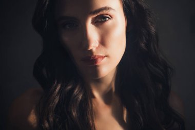 Güzel bir kızın fotoğrafı. Kameraya bak. Koyu renk arka plan üzerinde güneş ışığı altında baştan çıkarıcı bir his var..