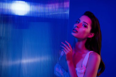 Akşam banyosu sırasında cam kapıyı tutan muhteşem seksi kadının fotoğrafı mavi arka planda..