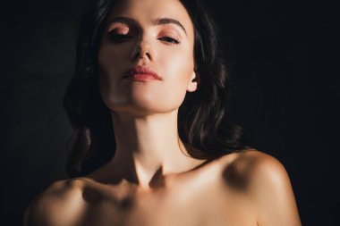 Dalgalı siyah saçlı güzel bir kadının fotoğrafı. Koyu renk arka planda baştan çıkarıcı bir şeyler hissediyor..