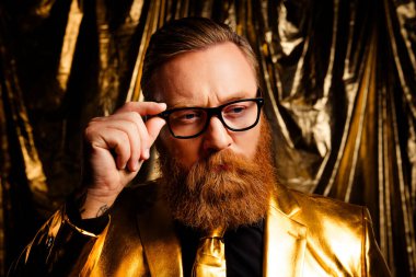 Parlak altın takım elbiseli, kızıl saçlı ve sakallı, şık bir şekilde ayarlanmış gözlüklü karizmatik bir beyefendi. Retro, klasik cazibe ayarı bayram kutlamalarını çağrıştırıyor..