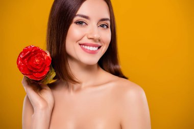 Pozitif, genç bir kadın elinde kırmızı bir gül, güzelliği, zarafeti ve tazeliği teşvik ediyor..
