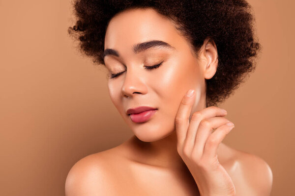 Photo of dreamy gentle lady enjoy healthy flawless skin spa procedure isolated on beige color background.