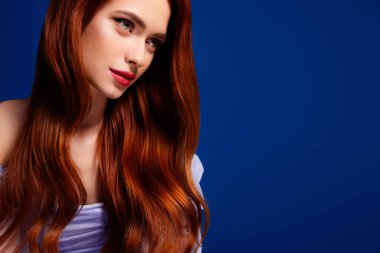 Uzun kızıl saçlı, parlak makyajlı ve yumuşak ifadeli güzel bir genç kadın. Canlı, mavi bir arkaplanda onun zarif ve çarpıcı özelliklerini vurguluyor..