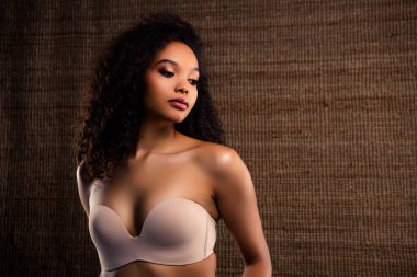 Çekici bakışları, cazibesi, makyajı ve güzel özellikleri olan çekici genç bir kadın..