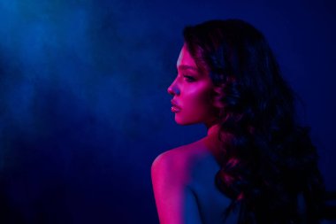 Canlı, neon ışıklı, zarif, güzellik ve gece hayatı kavramlarını modern ve sanatsal bir şekilde resmeden çekici bir kadının yakın çekim profili..