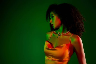 Şık giyinmiş, zarif ve güzel bir genç kadının portresi, eşsiz renkli ışıklandırma ve modern yeşil zemin ile vurgulanmış. Tarz ve entelektüelliğin mükemmel bir karışımı..