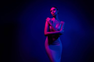 Canlı neon ışıklarıyla aydınlatılmış şık bir genç kadın. Pembe ve mavinin dramatik etkileşimi zarif duruşunu vurguluyor, güzelliğini ve zarafetini gösteriyor..