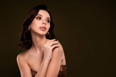 Zarif makyajlı, kusursuz bir modaya sahip esmer bir kadının zarif portresi haki rengi bir arka plan, somut güzelliği, lüksü ve şehvetli cazibesiyle modern cazibesini yansıtıyor..