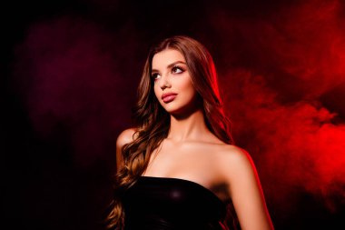 Cazibeli elbiseler giyen klas bayan sevgilinin fotoğrafı. Kırmızı neon sisli, boş, karanlık bir arka plan..