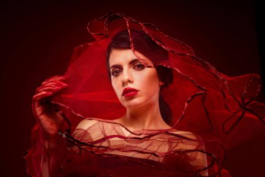 Canlı kırmızı peçelerle çevrili, büyüleyici bir zarafet, cazibe ve entelektüellik saçan genç bir kadının çarpıcı yakın plan görüntüsü..