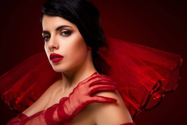 Zarif makyajlı ve şık kırmızı elbiseli güzel bir genç kadın zengin bir arka plana karşı zarafet ve entelektüellik yayar..