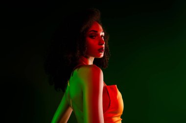 Güzel, genç bir kadın entelektüellik ve cazibe saçar. Cüretkar bir sanatsal aydınlatma içinde durarak zarafet ve özgüvenini vurgular..