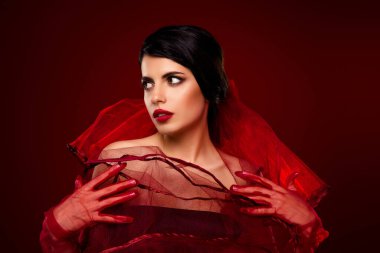 Göz alıcı makyajı ve şık saç stili olan zarif genç bir kadın kırmızı elbiseler içinde poz veriyor. Kırmızı gradyan arka plana karşı güzel ve sofistike bir görünüm sergiliyor..