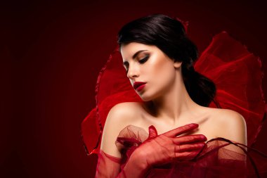 Zarif kırmızı elbiseli, ateşli, genç esmer kadın. Havalı, lüks ve cazibeli. Bu ileri moda stüdyo portresi, güzellik, cazibe ve kırmızı bir gradyan arka plana karşı zamansız şık bir titreşim vurguluyor..