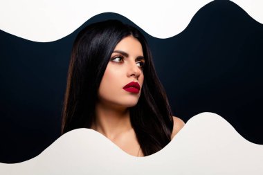 Modern beyaz aksanlı koyu soyut bir arka plan üzerine kurulu, çarpıcı kırmızı rujlu güzel esmer bir kadının yer aldığı şık bir kompozisyon. Güzelliği, stili ve sanatsal tasarım kavramlarını sergilemek için mükemmel..