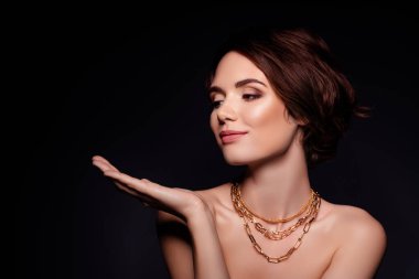 Photo of magnificent lady undressed holding beauty organic product for health care isolated on black color background.