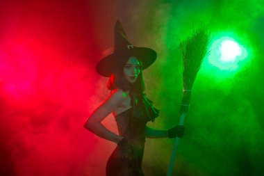 A striking image of a confident witch in a dark costume holding a broomstick, surrounded by vibrant mist, showcasing the magic and mystery of Halloween festivities.