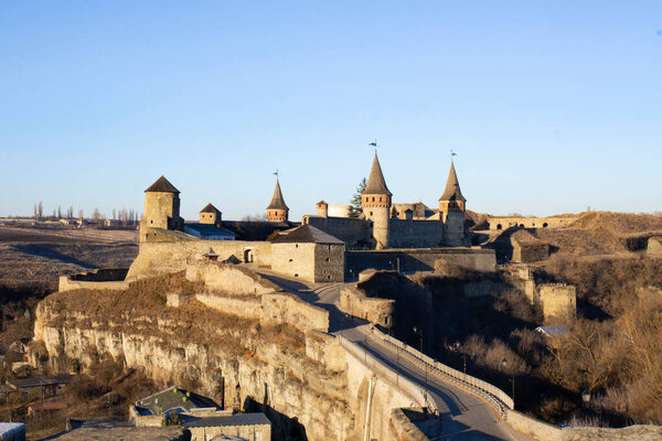 Panoramic view of Kamianets-Podilskyi fortress in autumn. Kamianets-Podilskyi, Khmelnytskyi region, Ukraine. Tourist places in Ukraine.