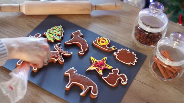 Kobiece Ręce Kolorowanki Christmas Pierniki Ciasteczka Domu Świąteczne Dekoracje Kuchni — Wideo stockowe
