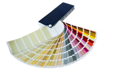 İç tasarım ve dekorasyonda kullanılacak renk aralığını gösteren renk rehberi. Renkli renk rehberi. Beyaz arkaplanda boya örnekleri ve kopya alanı var. Örnek Paleti RAW WCP