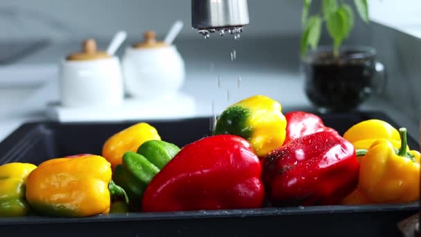 Yellow Red Pepper Washed Special Tray Vegetables Stream Water Pours — Stock video