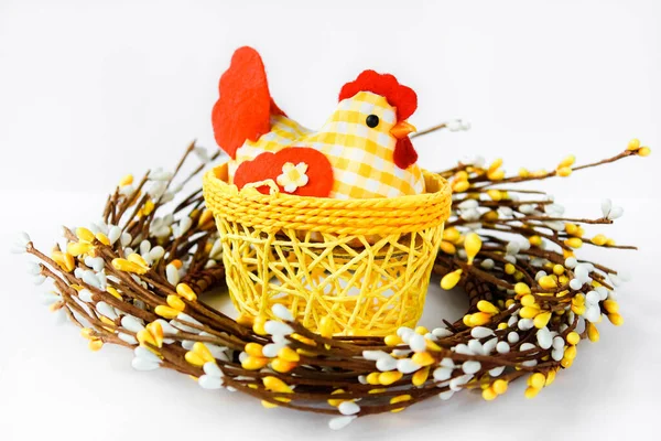 Decorative Chicken Yellow Wicker Basket White Isolated Background Space Text — Stock Photo, Image