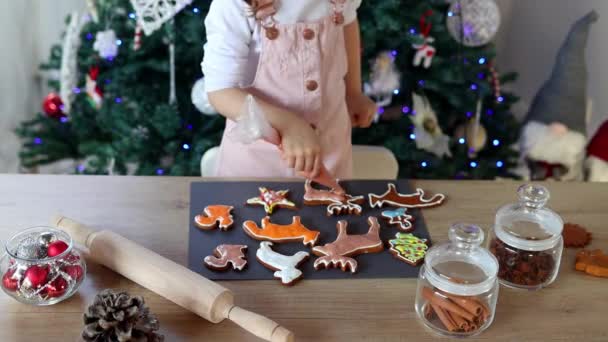 Щаслива Маленька Дівчинка Фарбує Різдвяні Пряничкові Печиво Вдома Різдвяна Прикраса — стокове відео