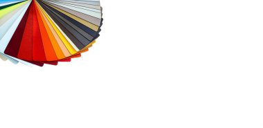 Banner of a color guide displaying a range of hues for use in interior design and decoration. Colorful color guide with a palette of paint samples on white background with copy space.