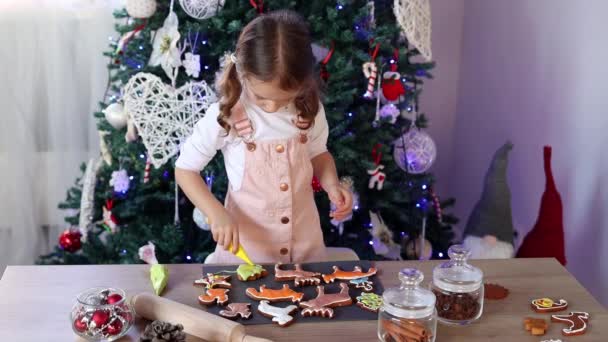 Noel Kurabiyelerini Yavaş Çekimde Boyayan Mutlu Küçük Kız Mutfakta Noel — Stok video