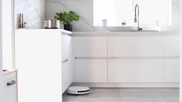 Aspirador Robô Automatizado Está Limpando Chão Cozinha Limpeza Elétrica Automática — Vídeo de Stock