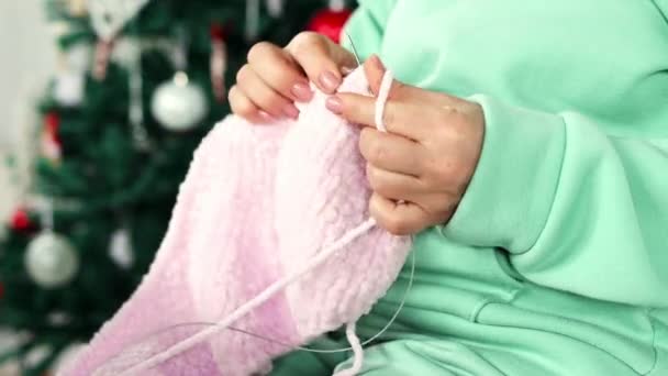 Womans Hands Yarn Knitting Handmade Wool Clothes Background Christmas Tree — Stock Video