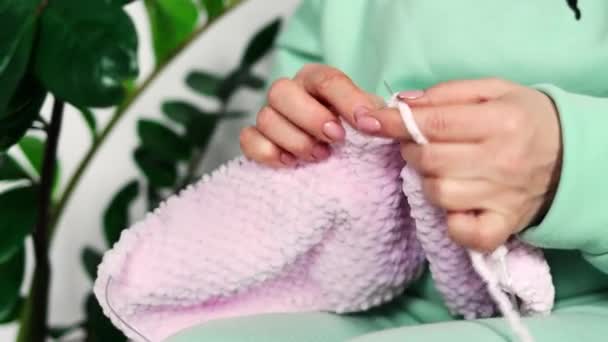 Womans Hands Yarn Knitting Handmade Wool Clothes Close Concept Needlework — Stock Video
