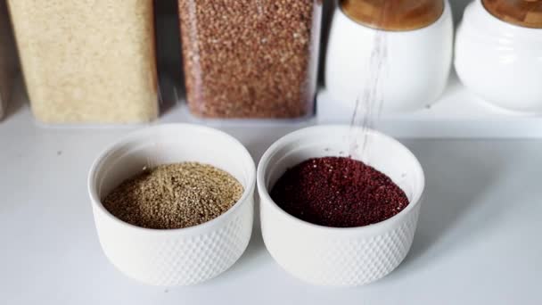 Quinoa Rouge Blanc Empilés Dans Une Assiette Blanche Sur Fond — Video