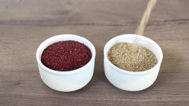 Röd Och Vit Quinoa Hälls Vit Platta Träbakgrund Friska Livsmedel — Stockvideo